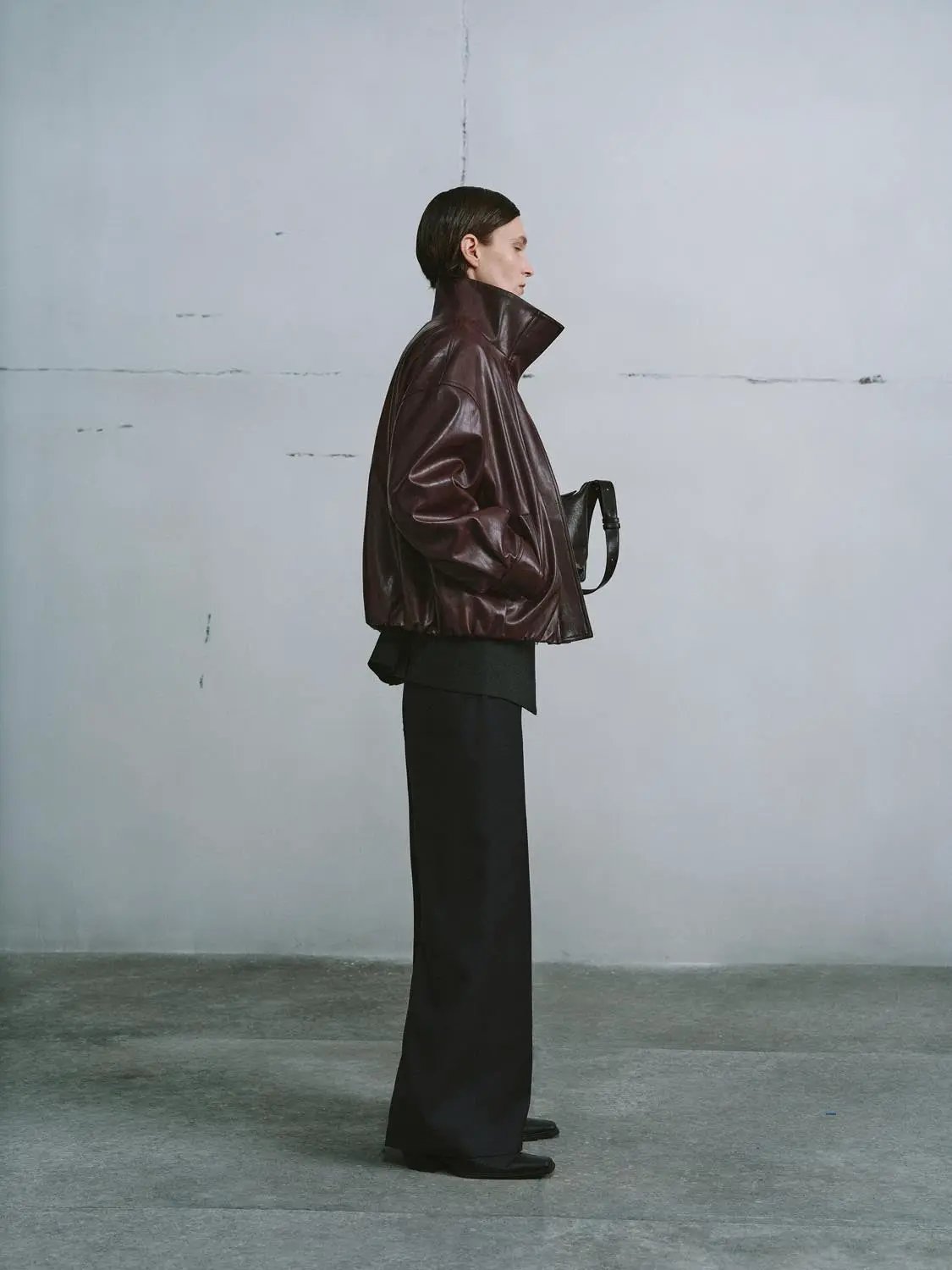 Zip Front Boxy Burgundy High Collar Long Sleeve Jacket