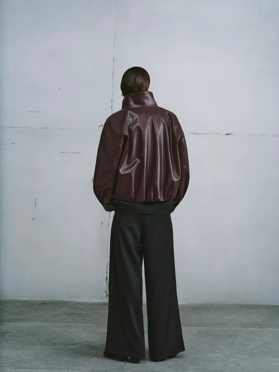 Zip Front Boxy Burgundy High Collar Long Sleeve Jacket