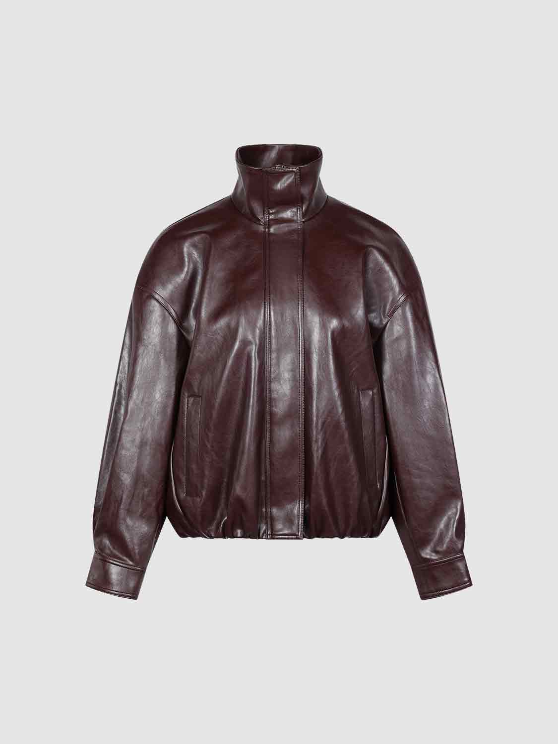 Zip Front Boxy Burgundy High Collar Long Sleeve Jacket
