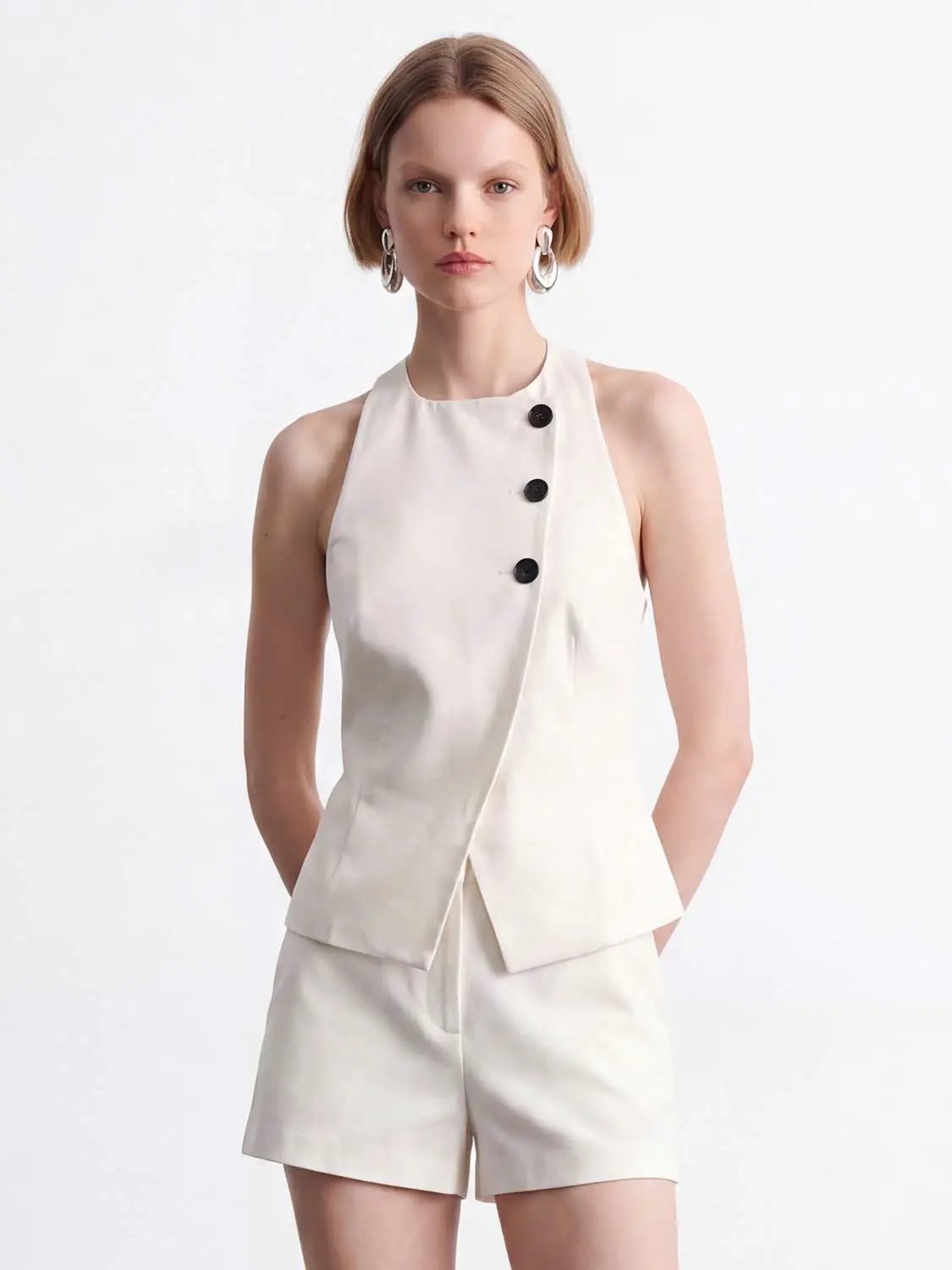 Asymmetric Wrap Button Tailored High Neck Sleeveless Vest