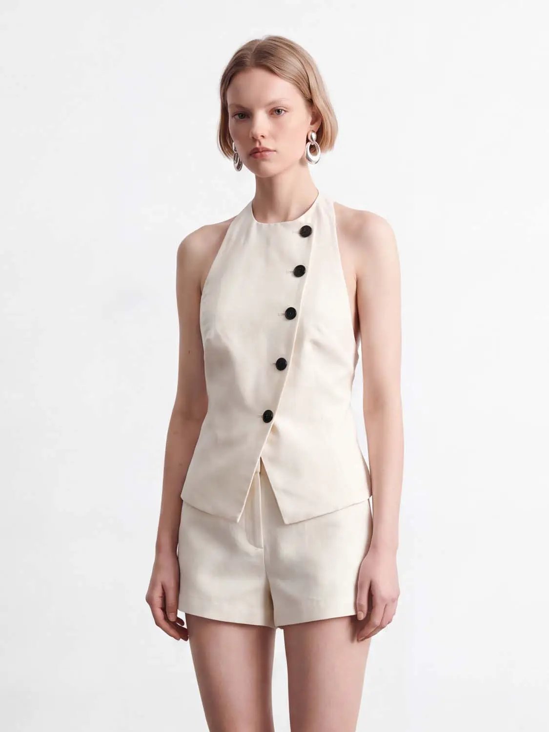 Asymmetric Wrap Button Tailored High Neck Sleeveless Vest