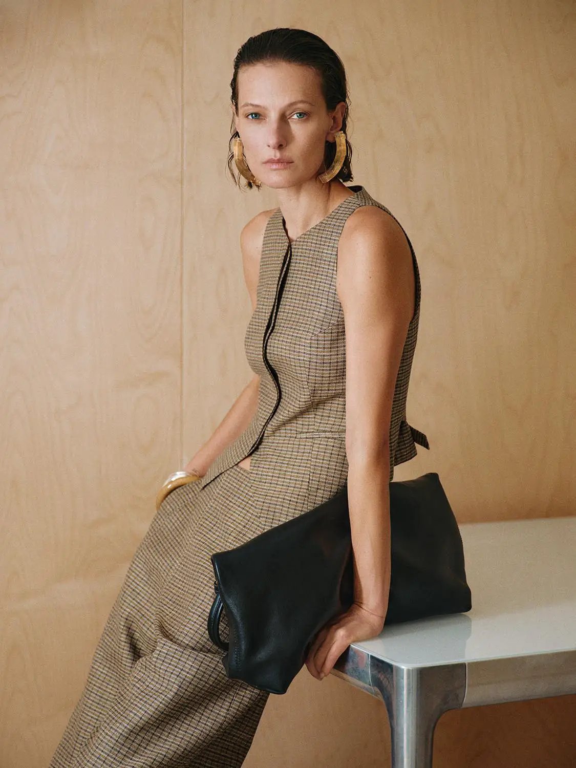 Checked Tailored Sleeveless Linen Blend Vest