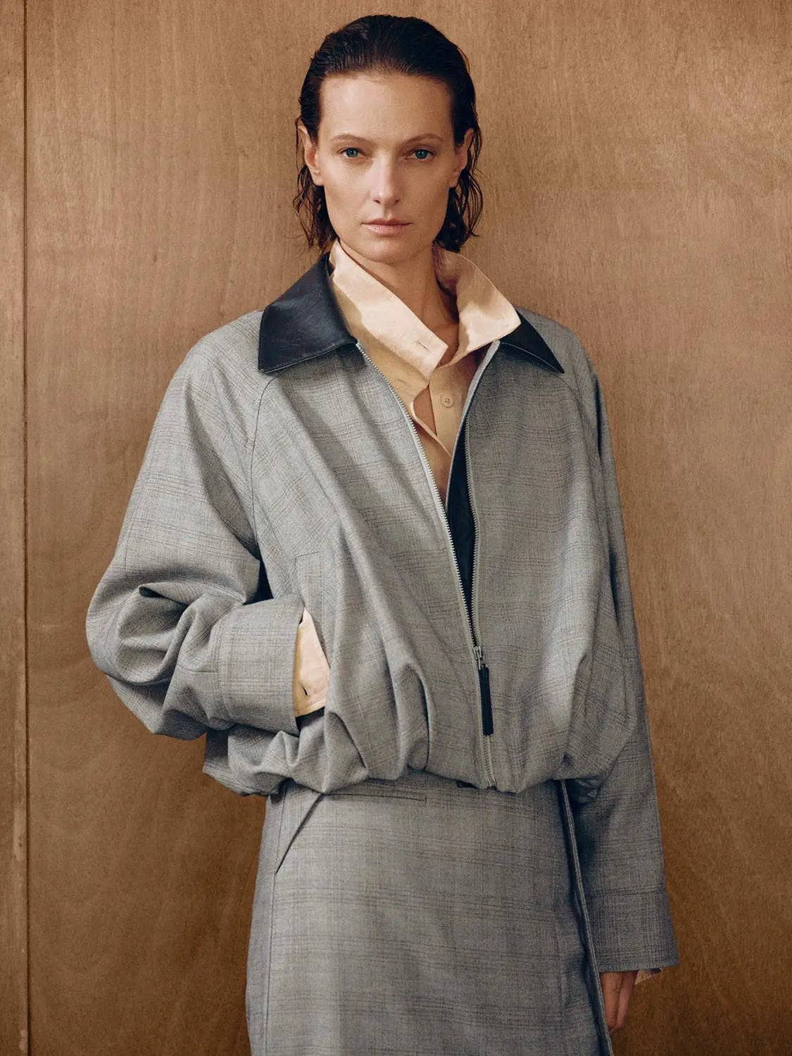 Checked Gathered Leather Collar Zip Long Sleeve Jacket