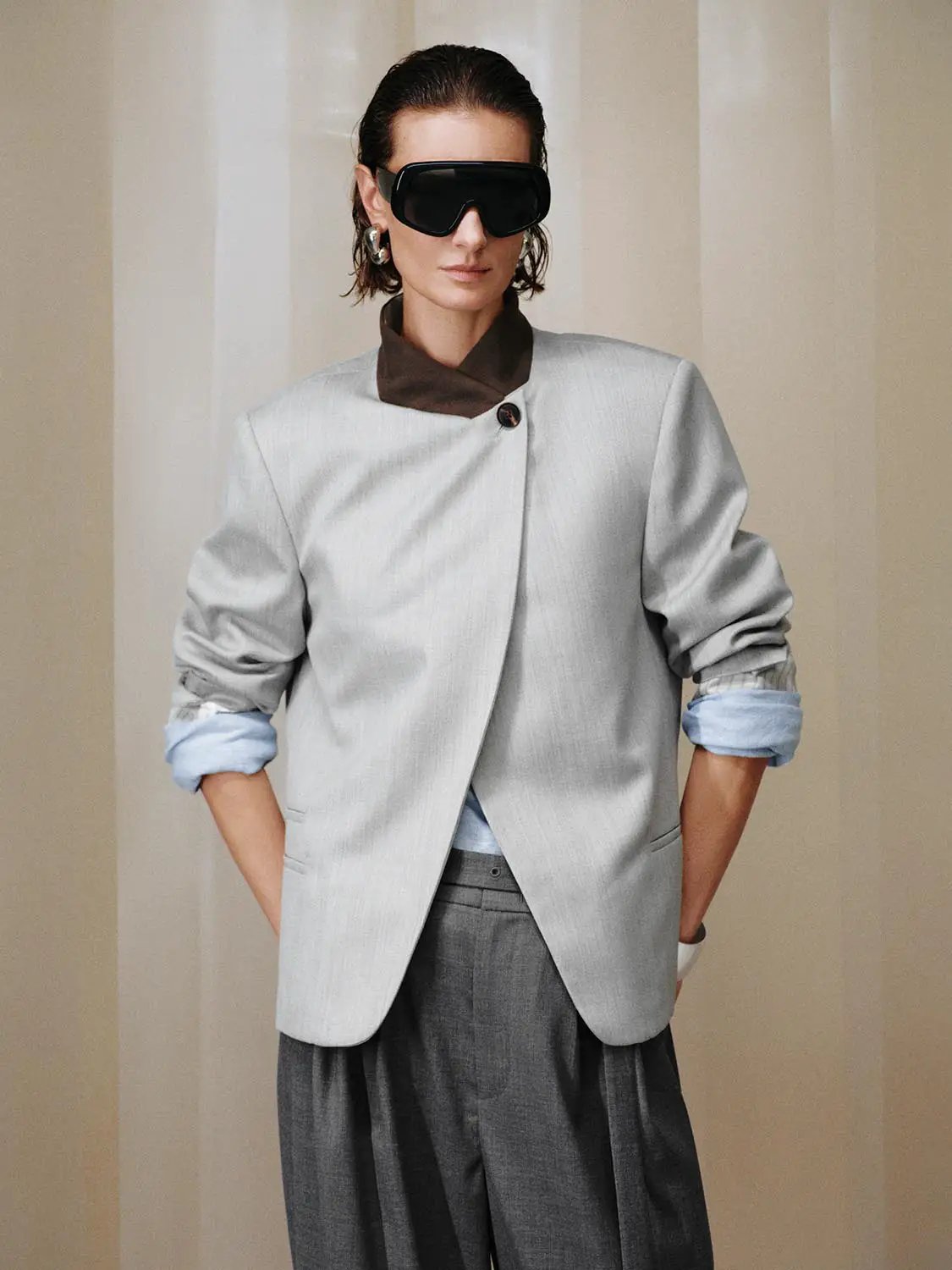 Contrast Collar Single Button Tailored Long Sleeve Blazer