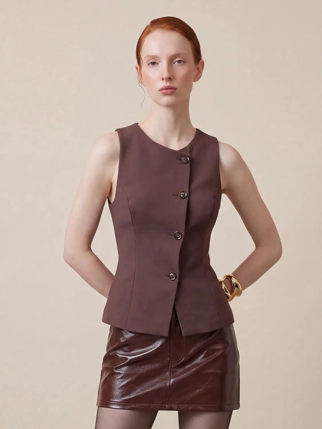 V-neck Button Front Fitted Sleeveless Vest