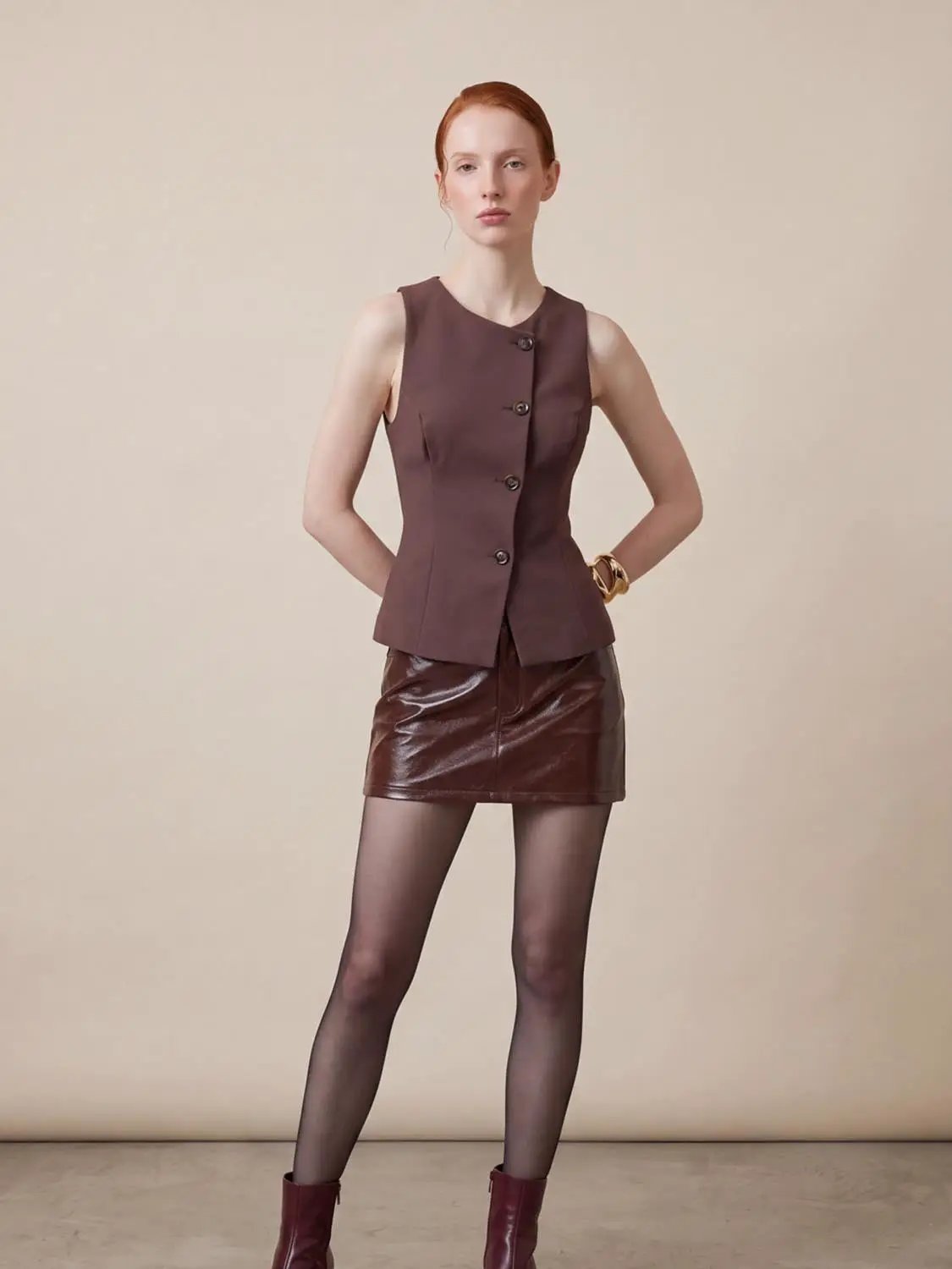 V-neck Button Front Fitted Sleeveless Vest