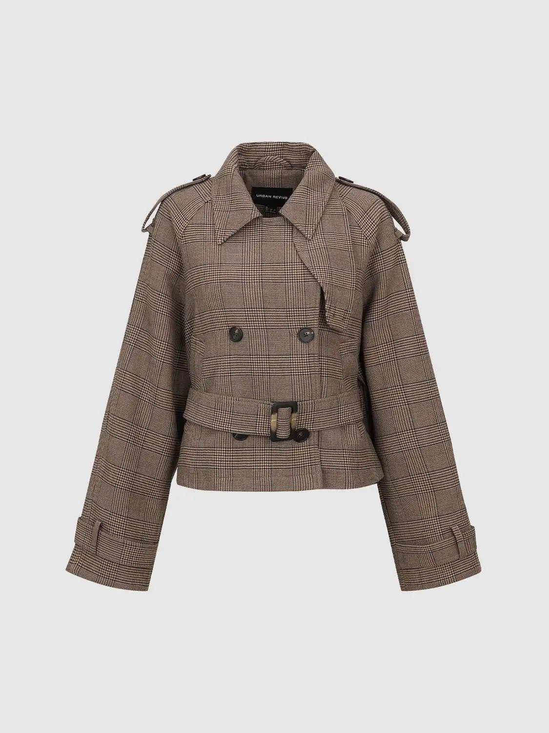 Double-breasted Checked Shirt Collar Long Sleeve Belted Jacket