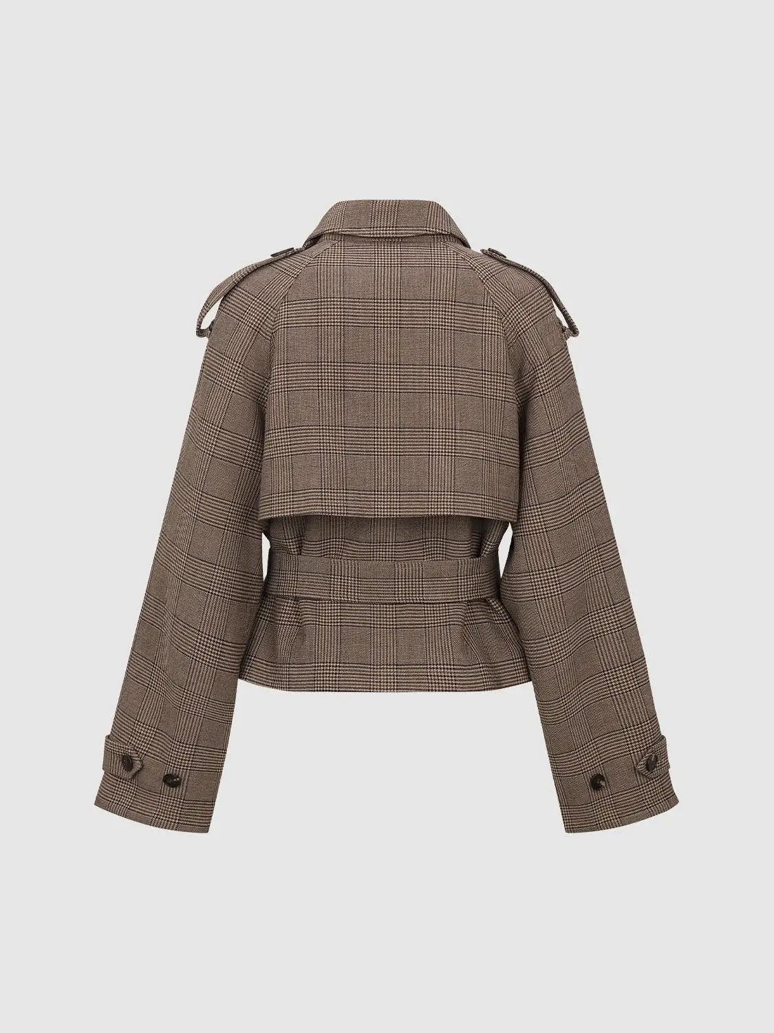 Double-breasted Checked Shirt Collar Long Sleeve Belted Jacket
