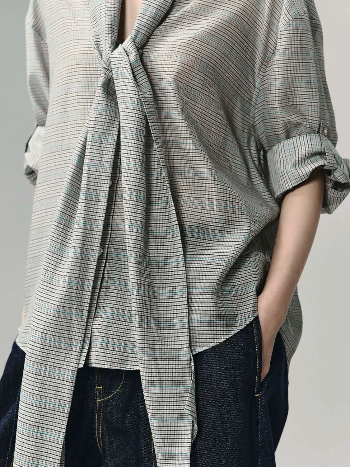 Plaid Tie Front Cotton Silk Shirt