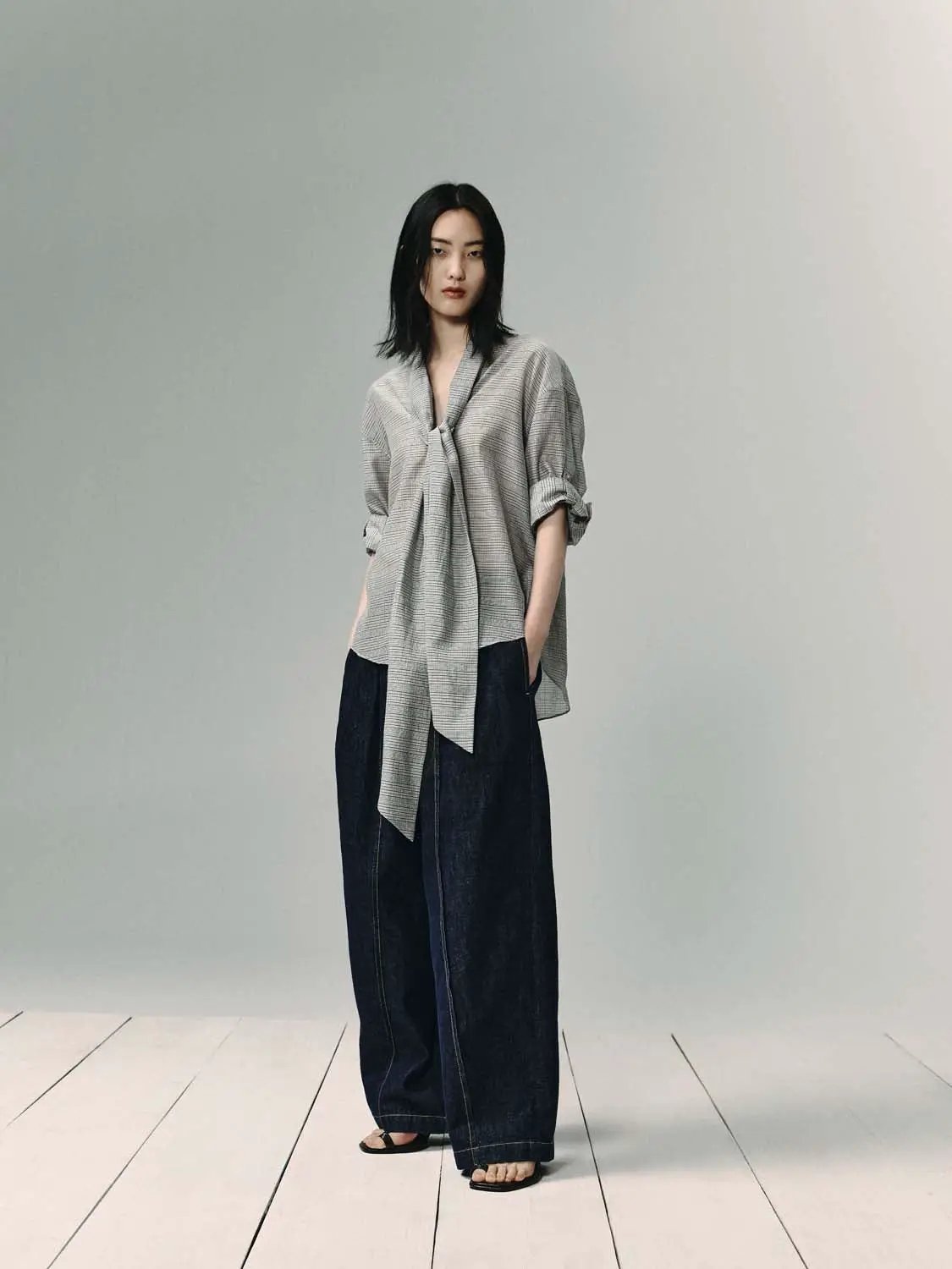 Plaid Tie Front Cotton Silk Shirt