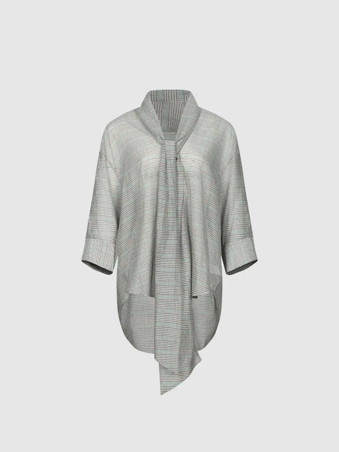 Plaid Tie Front Cotton Silk Shirt