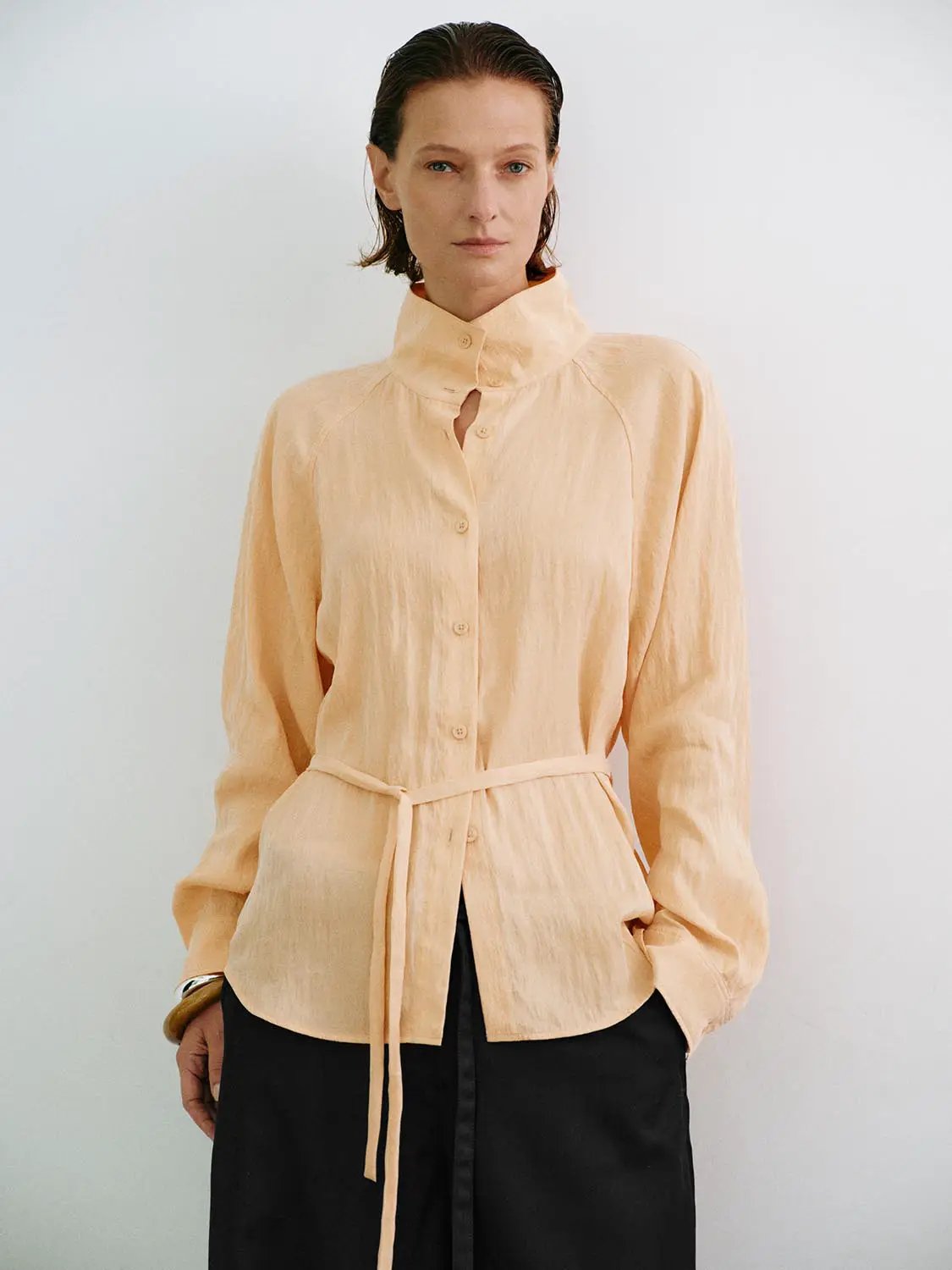 Textured Tie-waist Mock Neck Long Sleeve Shirt