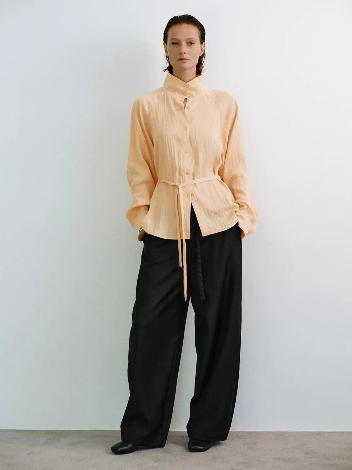 Textured Tie-waist Mock Neck Long Sleeve Shirt