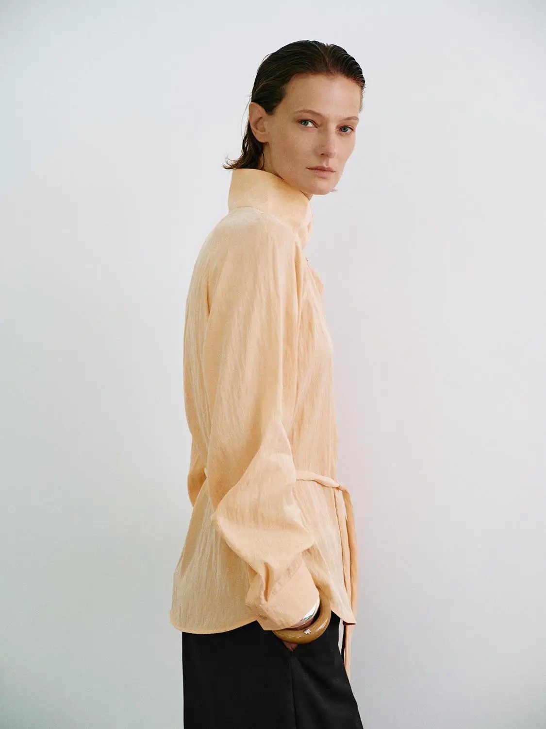 Textured Tie-waist Mock Neck Long Sleeve Shirt