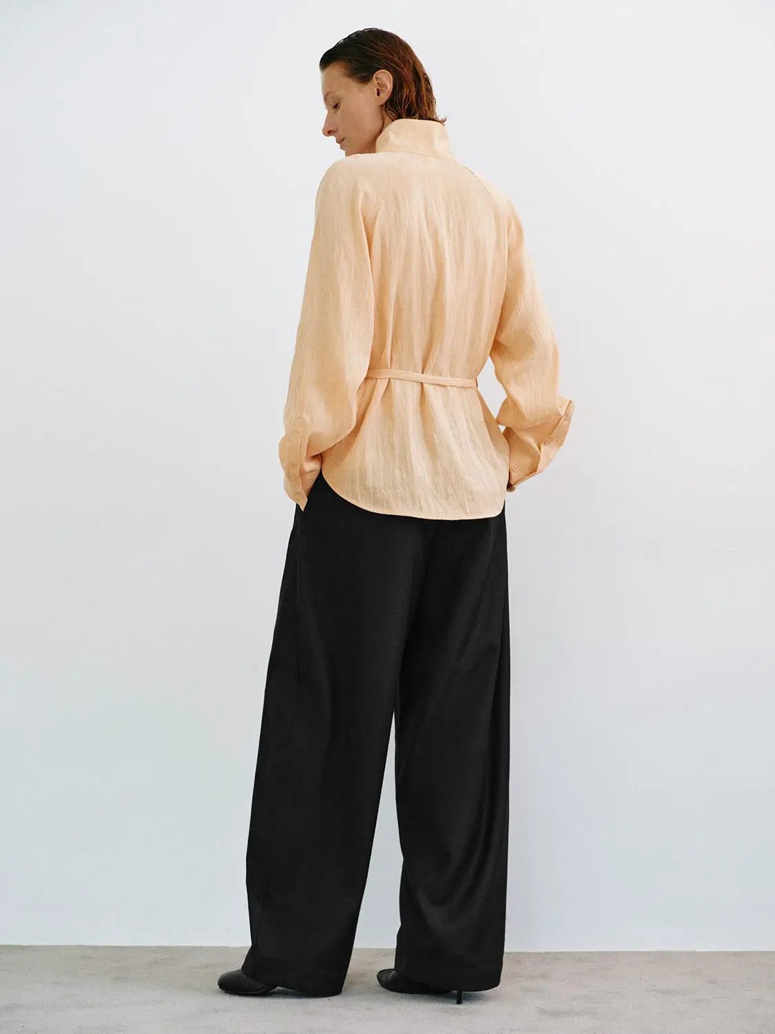 Textured Tie-waist Mock Neck Long Sleeve Shirt