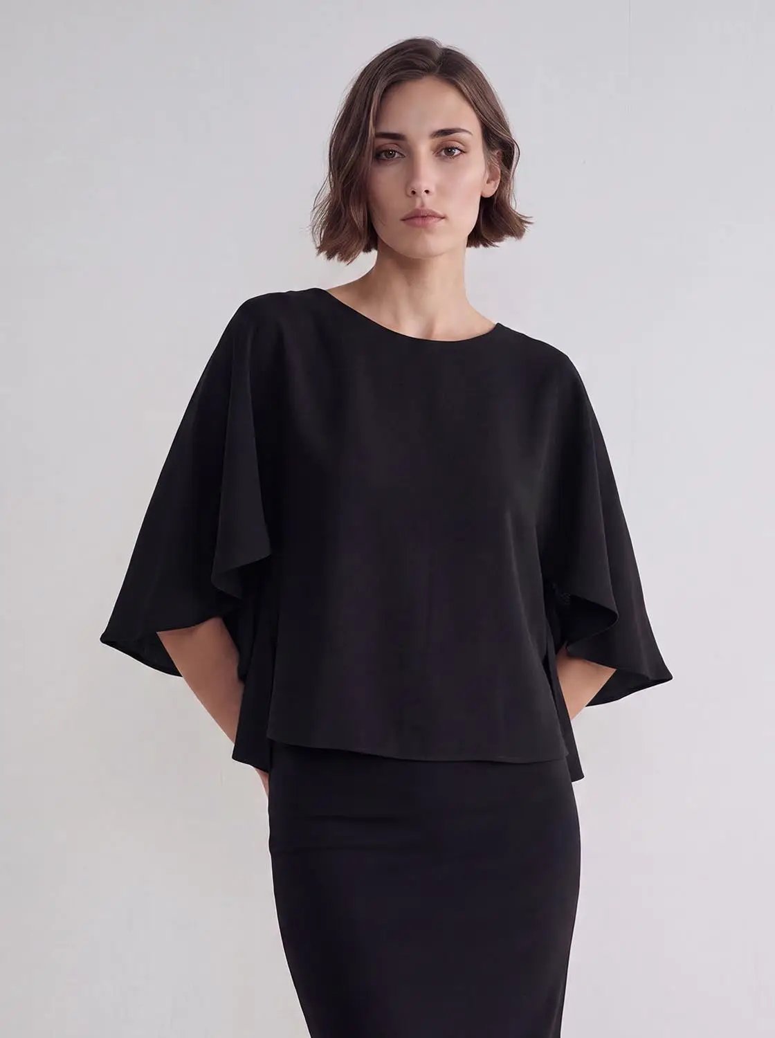 Draped Solid Oversized Crew Neck Long Sleeve Blouse