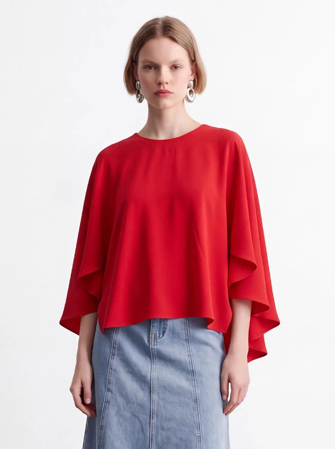 Draped Solid Oversized Crew Neck Long Sleeve Blouse