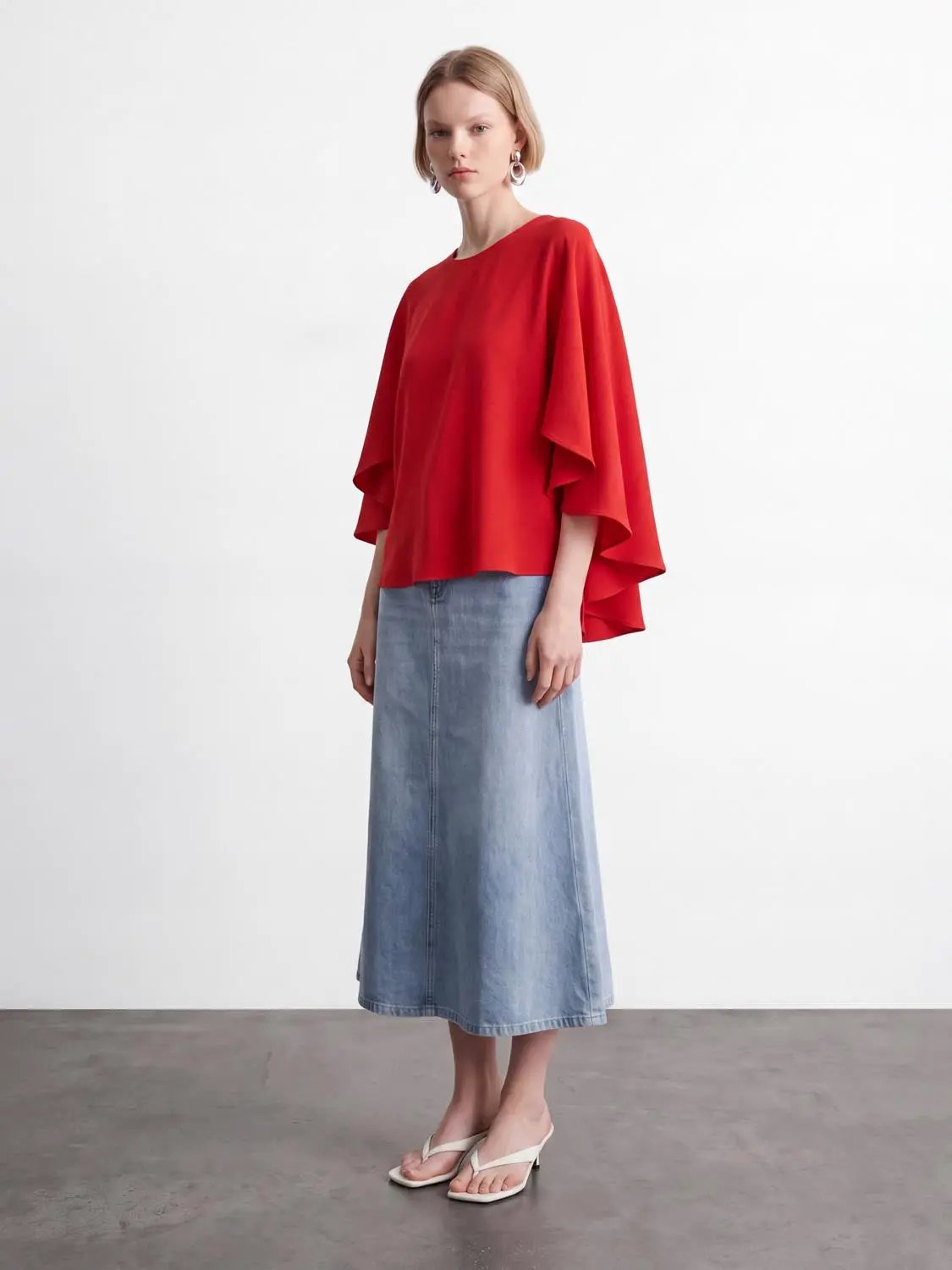 Draped Solid Oversized Crew Neck Long Sleeve Blouse