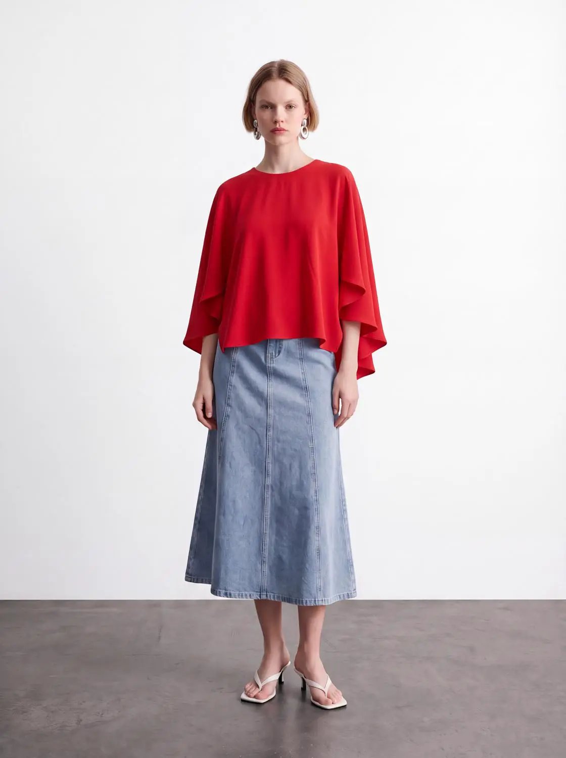 Draped Solid Oversized Crew Neck Long Sleeve Blouse