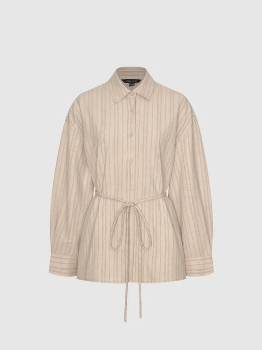 Striped Shirt Collar Tie Waist Long Sleeve Shirt Dress