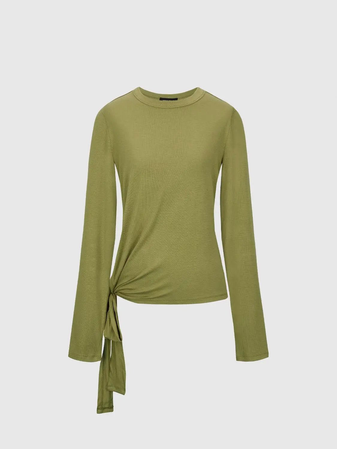 Crew Neck Tie Up Front Stretch Knit Long Sleeve T-Shirt
