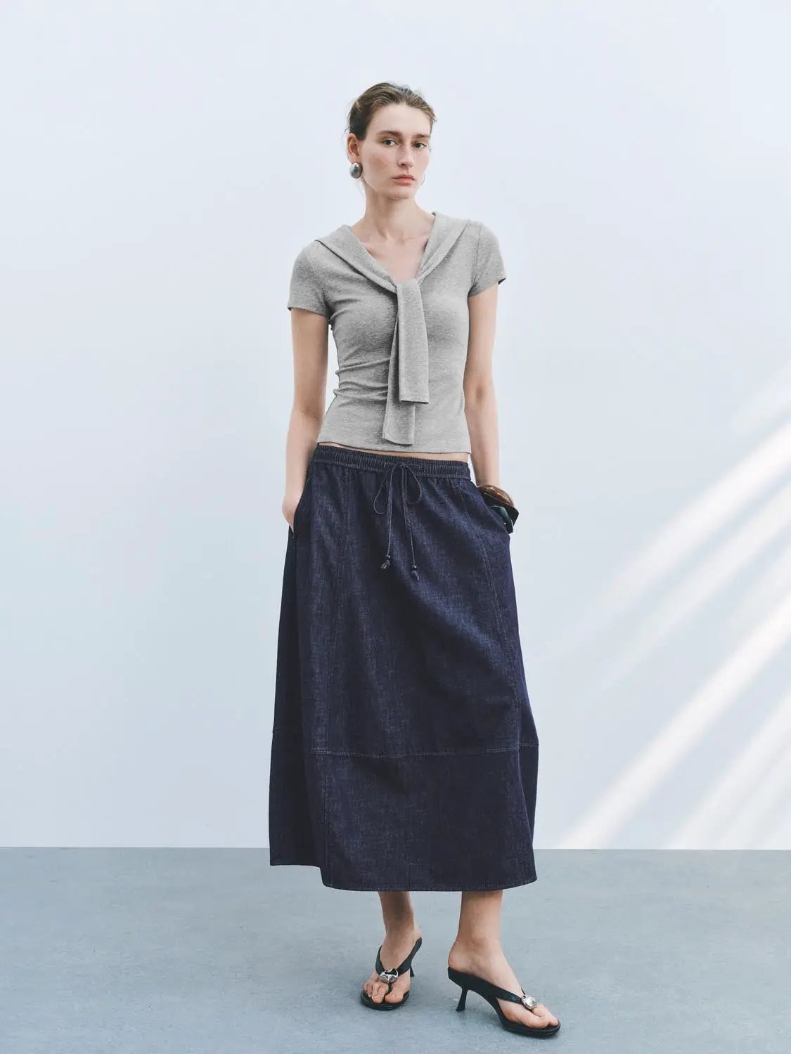 Sailor Collar Short Sleeve Tie Neck Cotton Knit T-Shirt