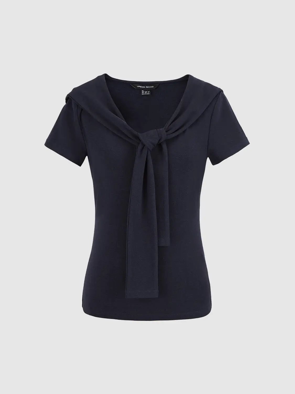 Sailor Collar Short Sleeve Tie Neck Cotton Knit T-Shirt
