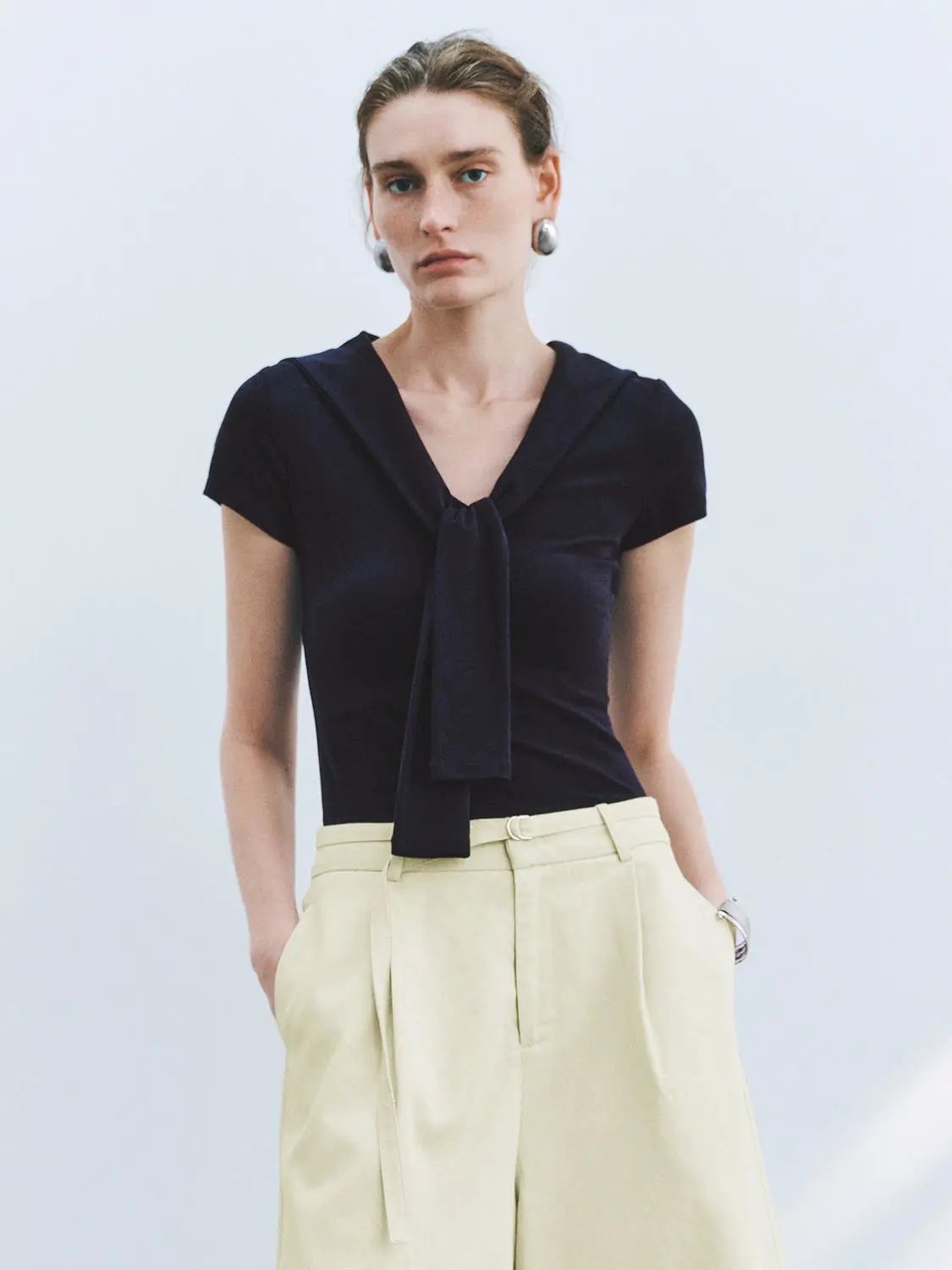Sailor Collar Short Sleeve Tie Neck Cotton Knit T-Shirt