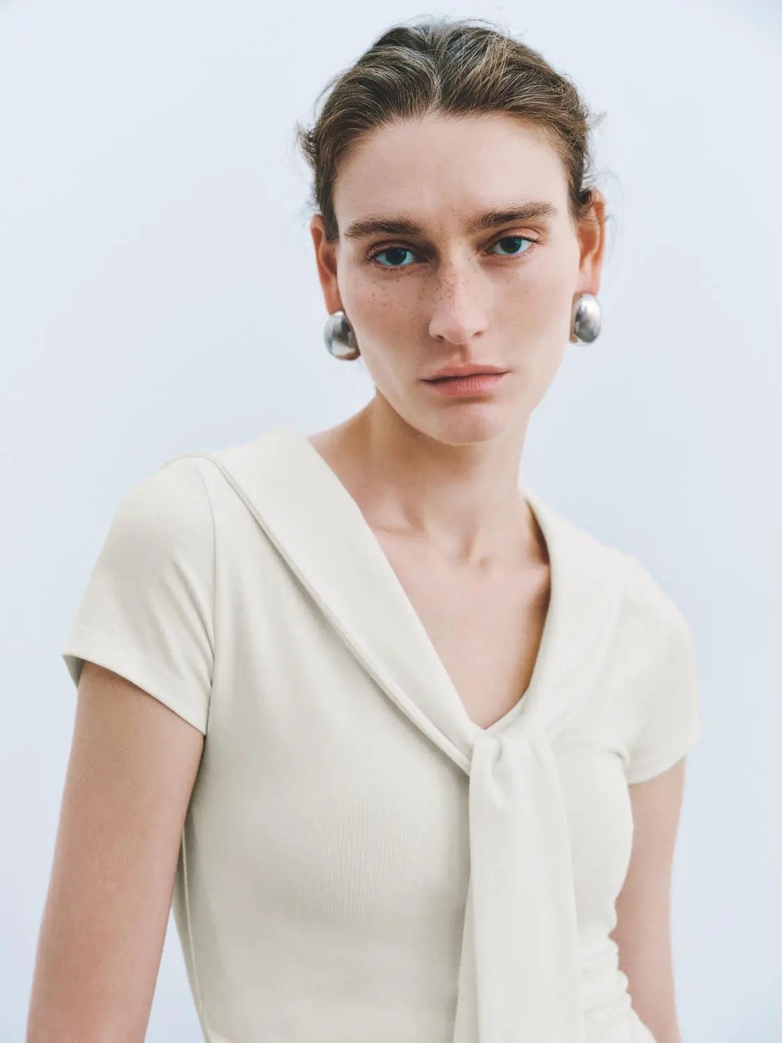 Sailor Collar Short Sleeve Tie Neck Cotton Knit T-Shirt