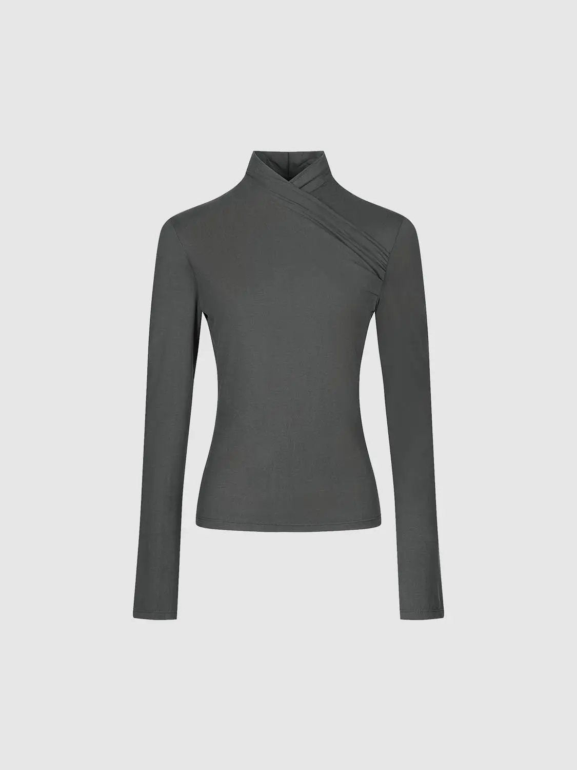 Cross Front Fitted Mock Neck Long Sleeve T-Shirt