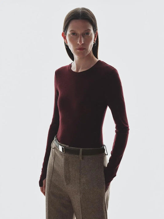 Solid Thin Fitted Crew Neck Long Sleeve Wool Sweater