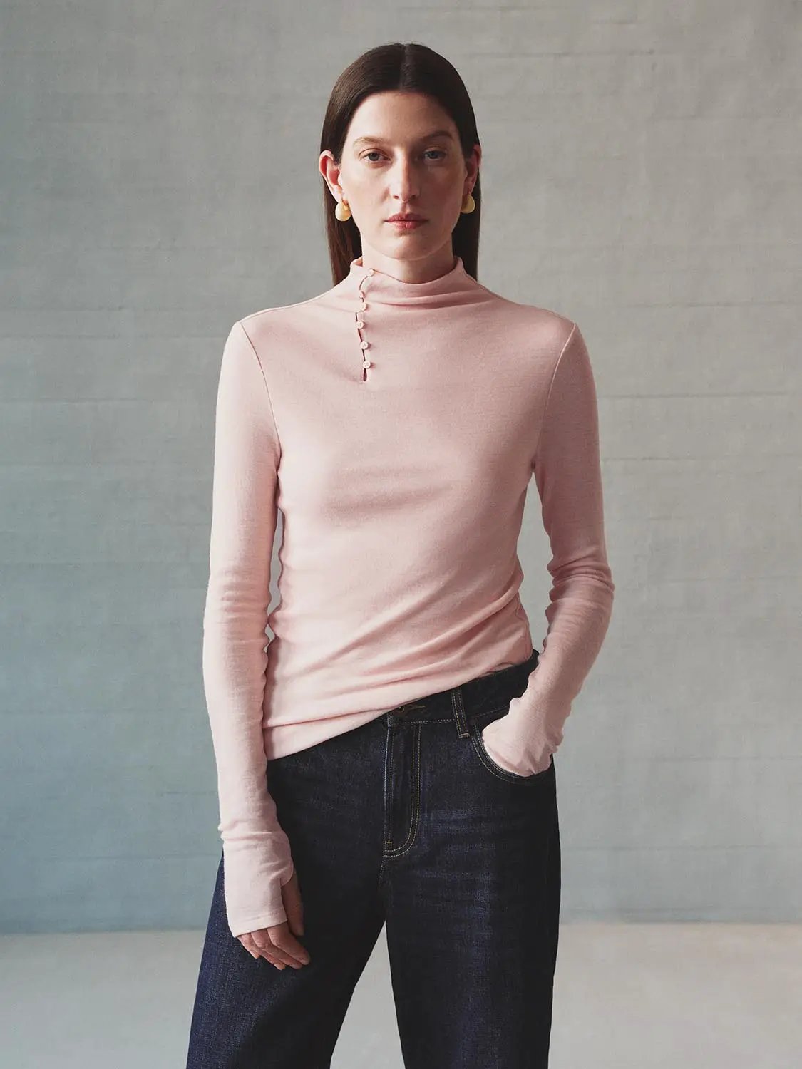 Slim Fit Thin Mock Neck Button Front Long Sleeve Wool Sweater