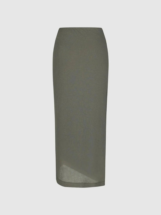 Textured H-Line Solid Straight Fitted Midi Skirt