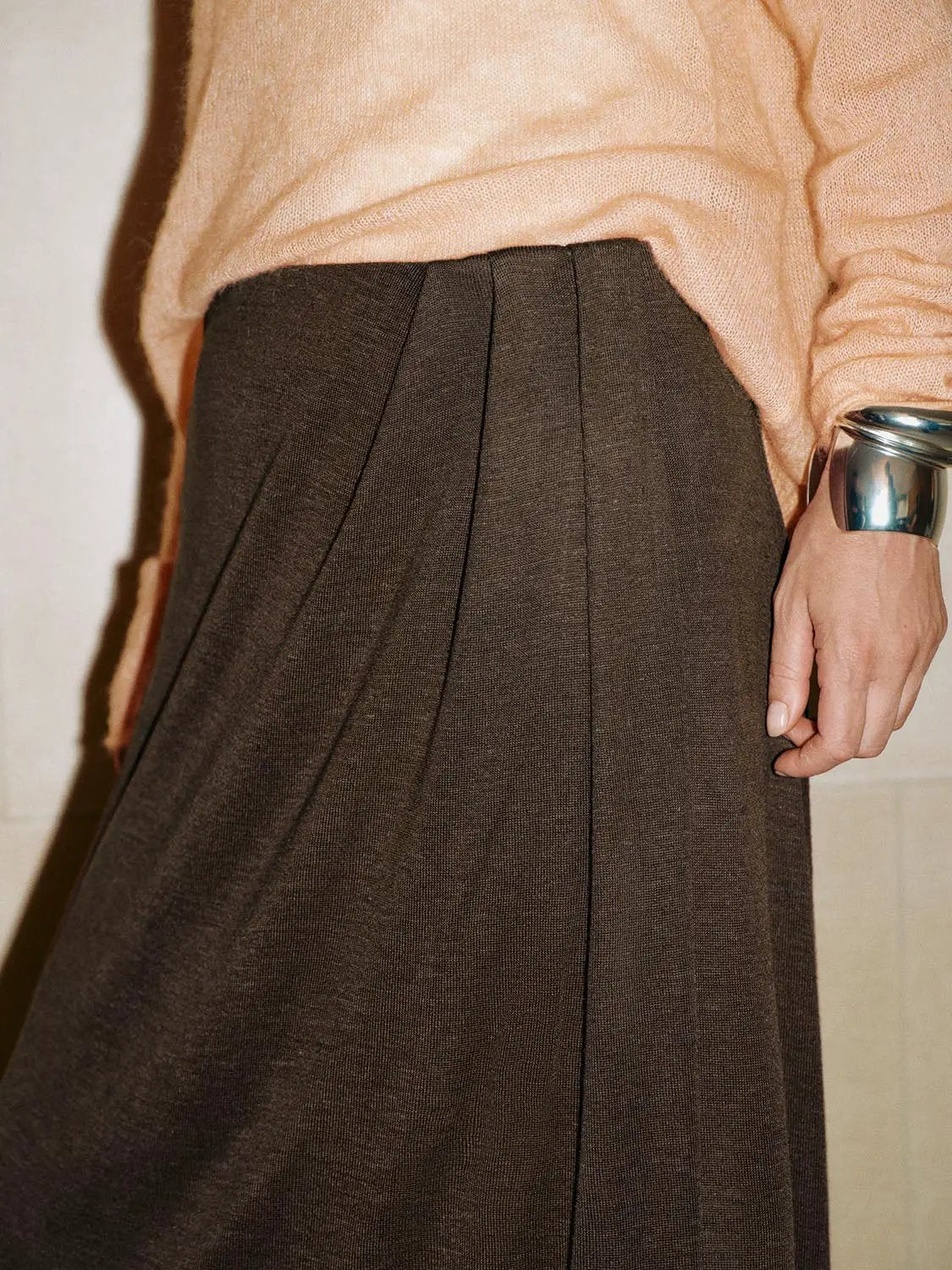 Textured Diagonal Pleated A-Line Maxi Skirt