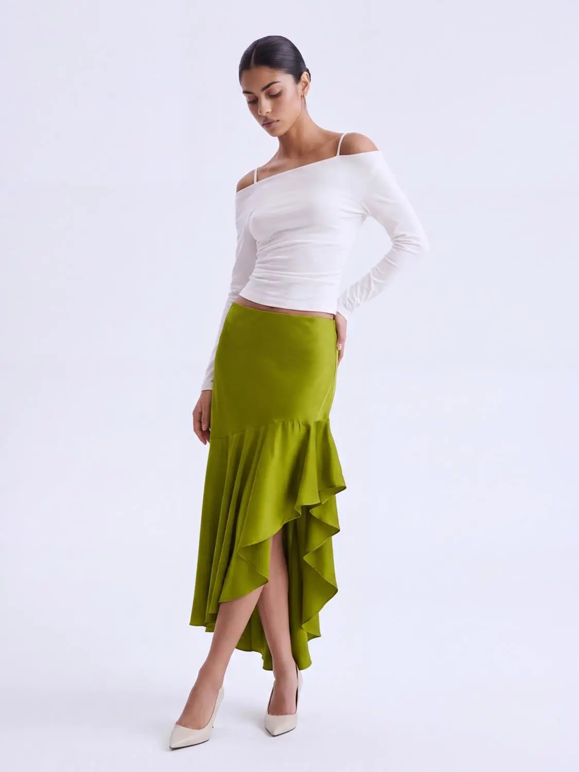 Fitted High-waisted Ruffle Asymmetric Midi Skirt