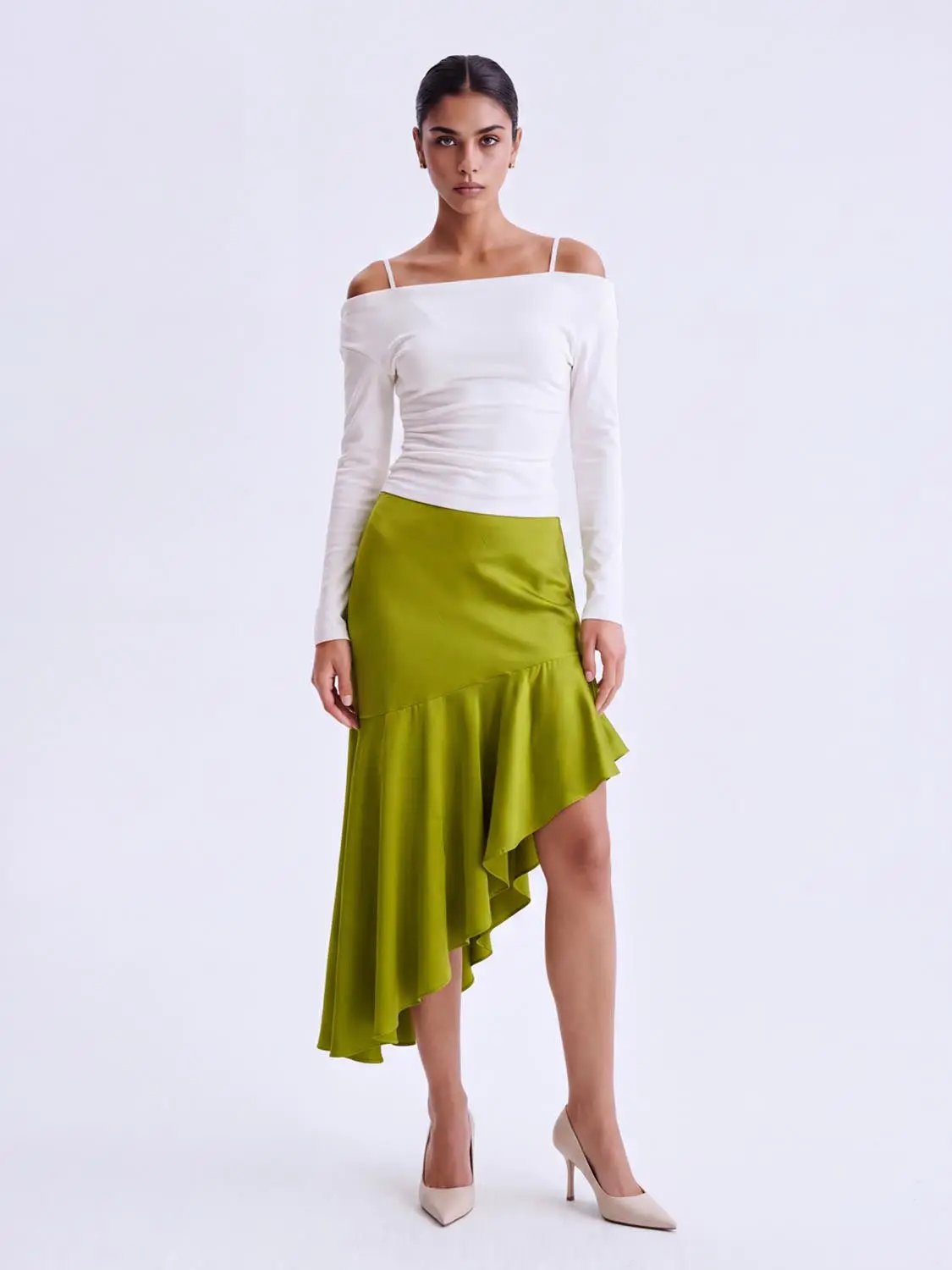Fitted High-waisted Ruffle Asymmetric Midi Skirt