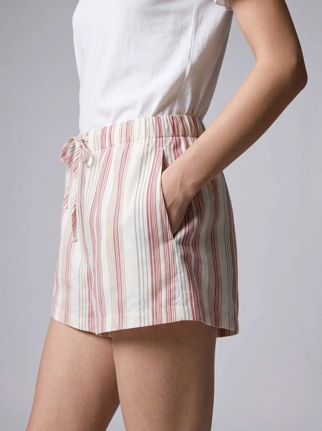 Striped Cotton Blend Drawstring Shorts