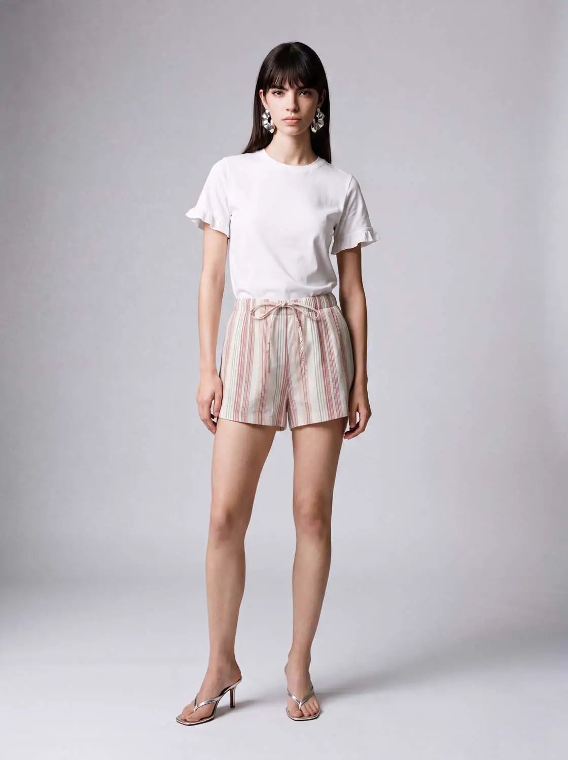 Striped Cotton Blend Drawstring Shorts
