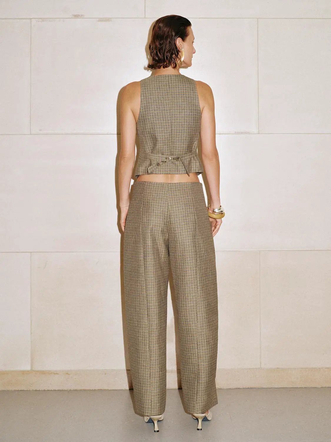 Checked Mid-rise Linen Blend Tapered Pants