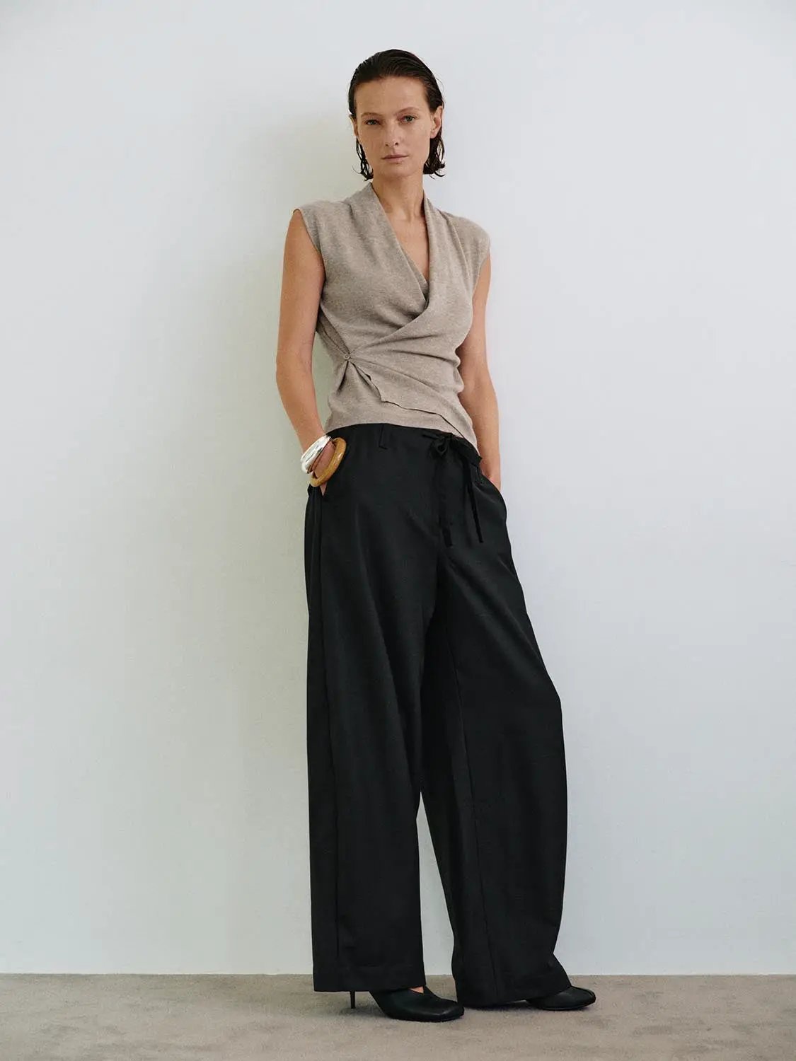 Mid-rise Button Pocket Wide-leg Pants