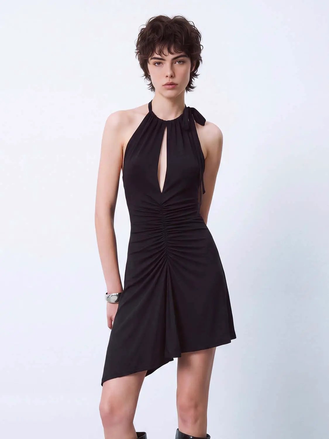 Ruched Keyhole Halter A-Line Sleeveless Mini Dress