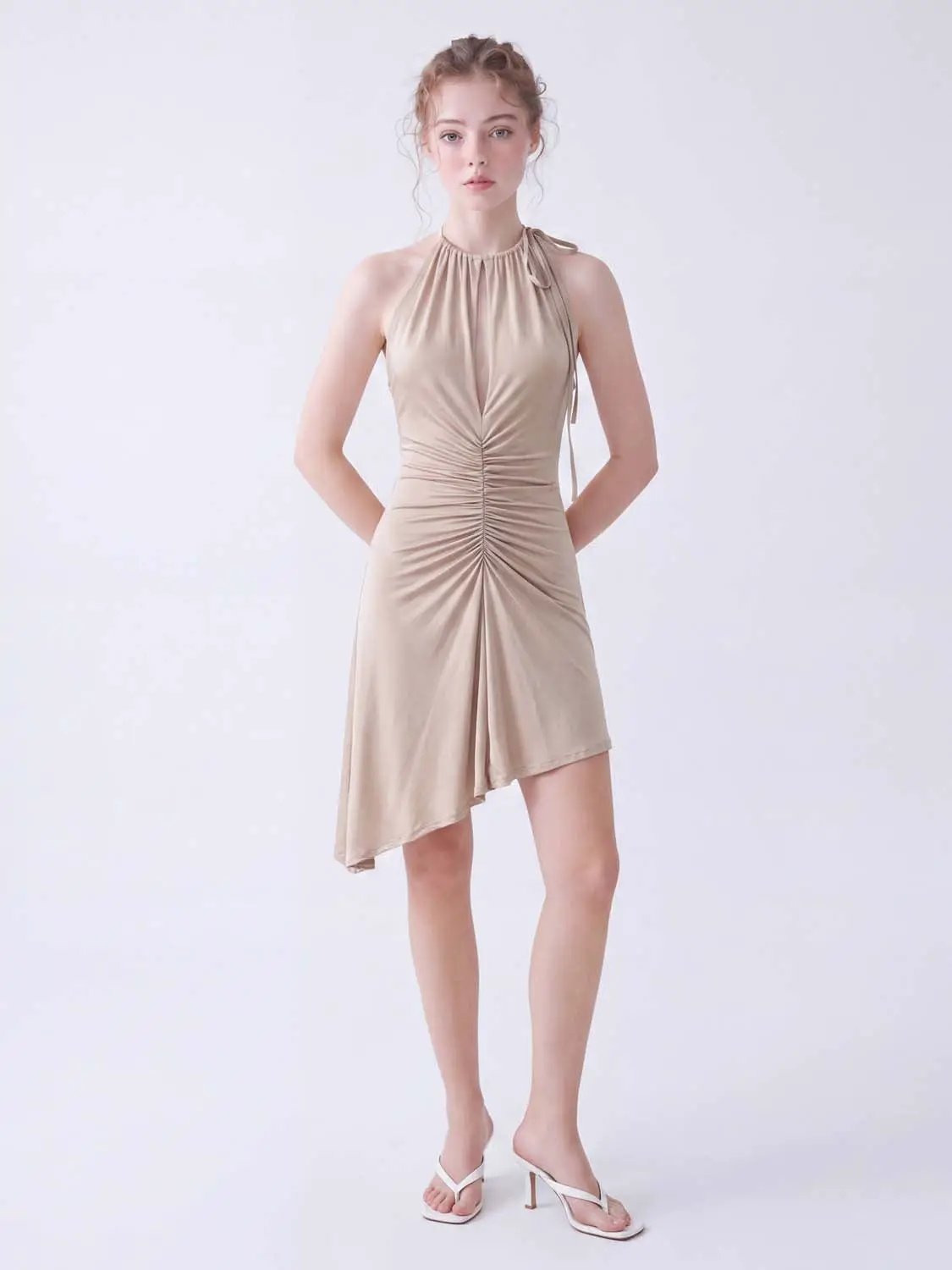 Ruched Keyhole Halter A-Line Sleeveless Mini Dress