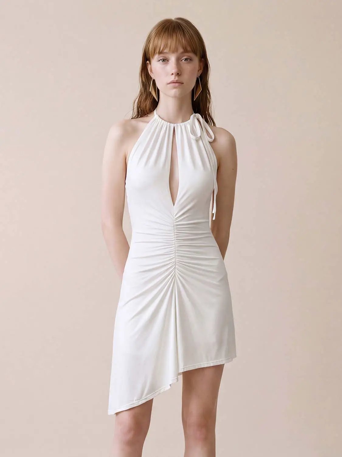 Ruched Keyhole Halter A-Line Sleeveless Mini Dress