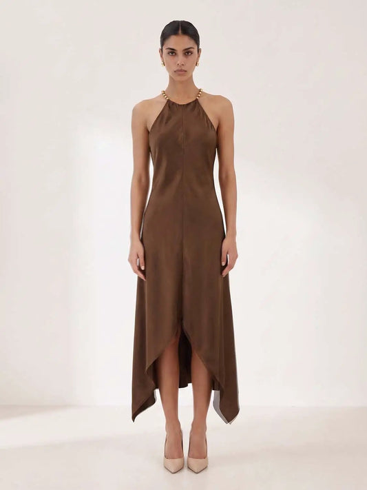A-Line Sleeveless Maxi Dress With Asymmetric Hem