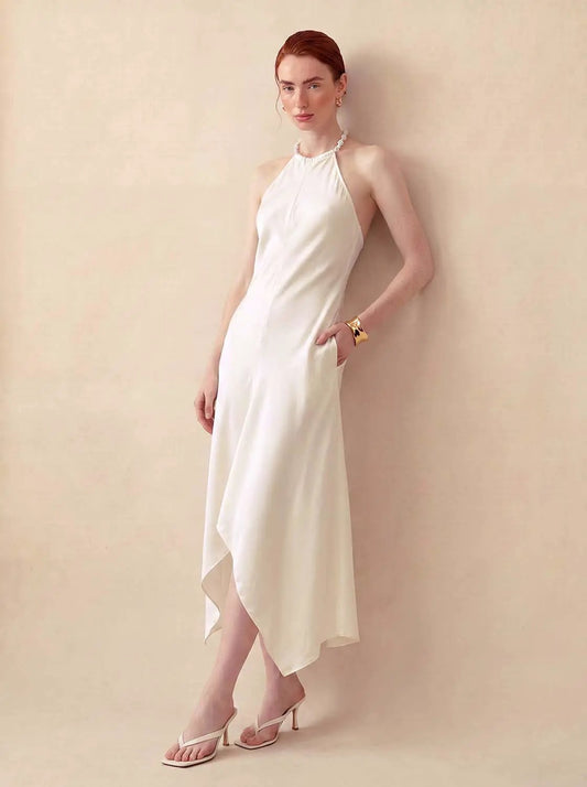 Pearl Halter Sleeveless Asymmetric A-Line Dress