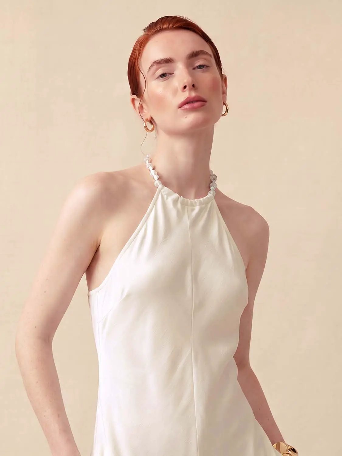 Pearl Halter Sleeveless Asymmetric A-Line Dress