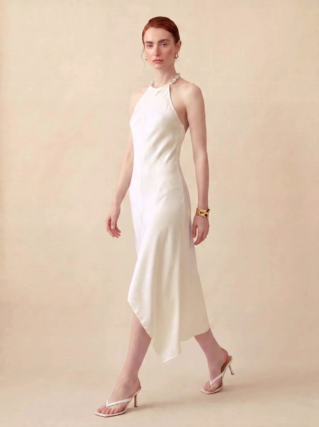 Pearl Halter Sleeveless Asymmetric A-Line Dress