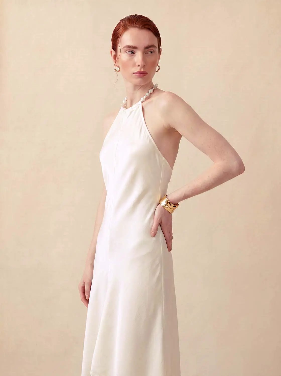 Pearl Halter Sleeveless Asymmetric A-Line Dress