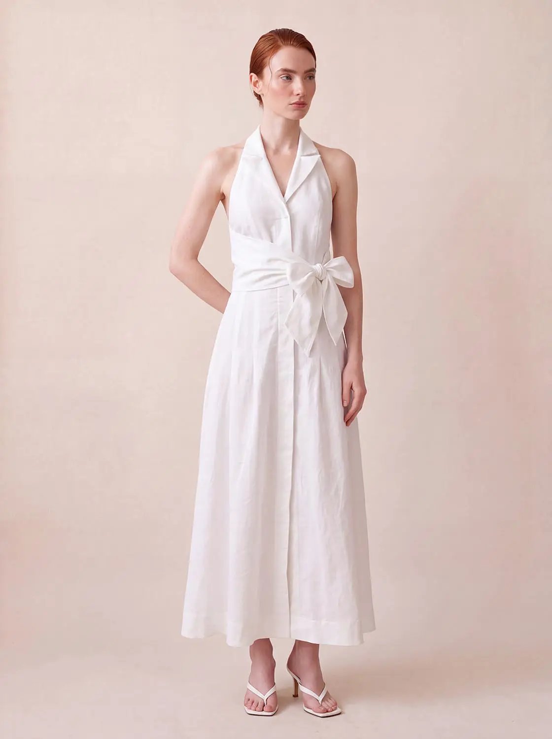 Tie Waist A-Line Collared Sleeveless Maxi Cotton Linen Dress