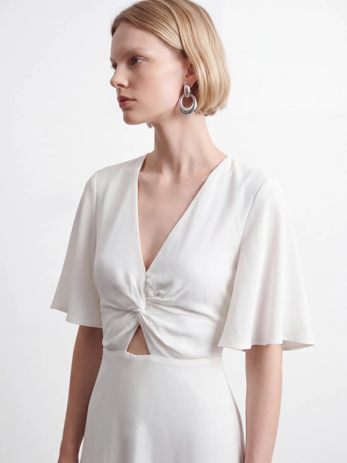 Twist Front Asymmetric Hem V-neck Short Sleeve Maxi Dress